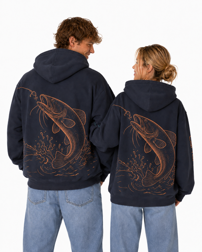Catfish Depths Hoodie in Navy, back view