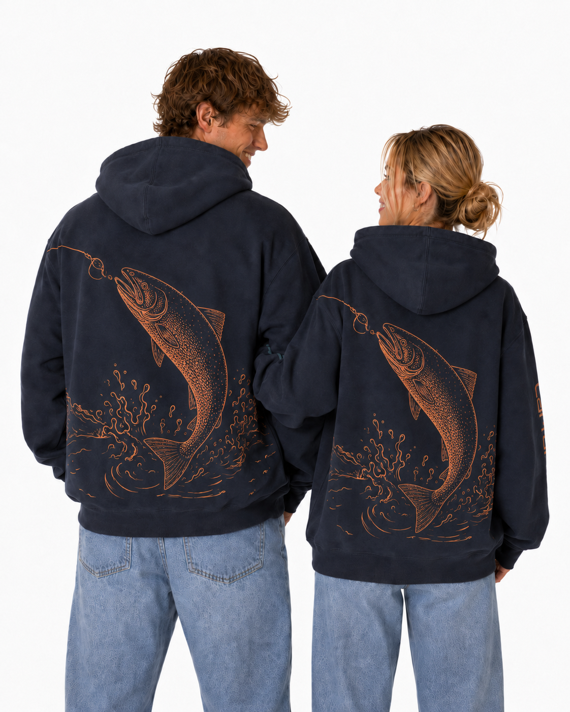 Salmon Run Hoodie in Navy, back view