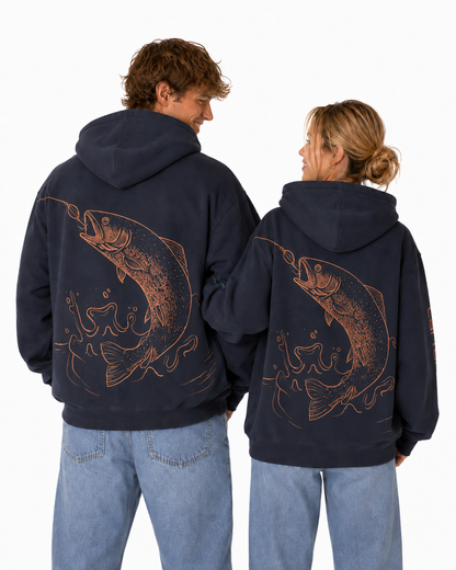 Trout Rise Hoodie in Navy, back view