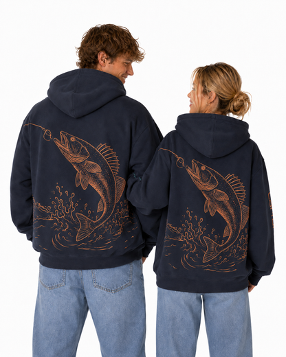 Walleye Pursuit Hoodie in Navy, back view