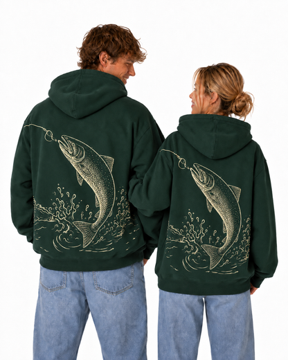 Salmon Run Hoodie in Forest Green, back view