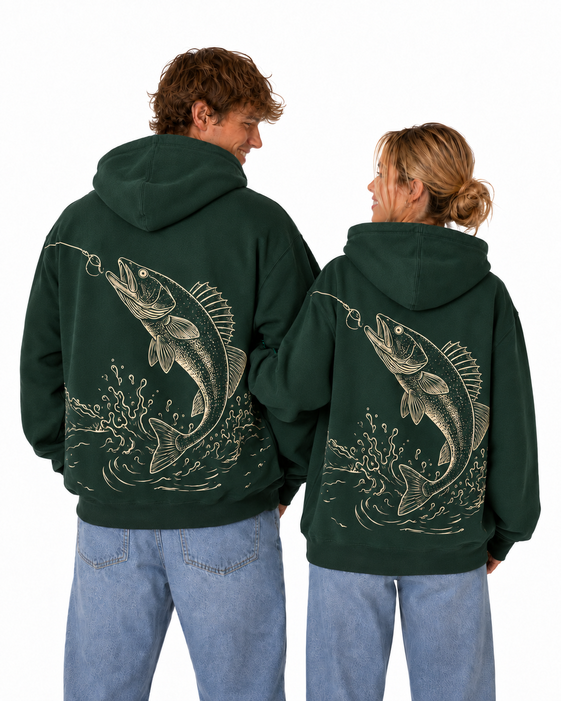Walleye Pursuit Hoodie in Forest Green, back view