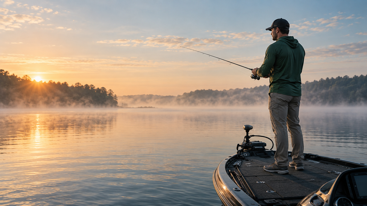 Finborne angler on a calm lake at sunrise